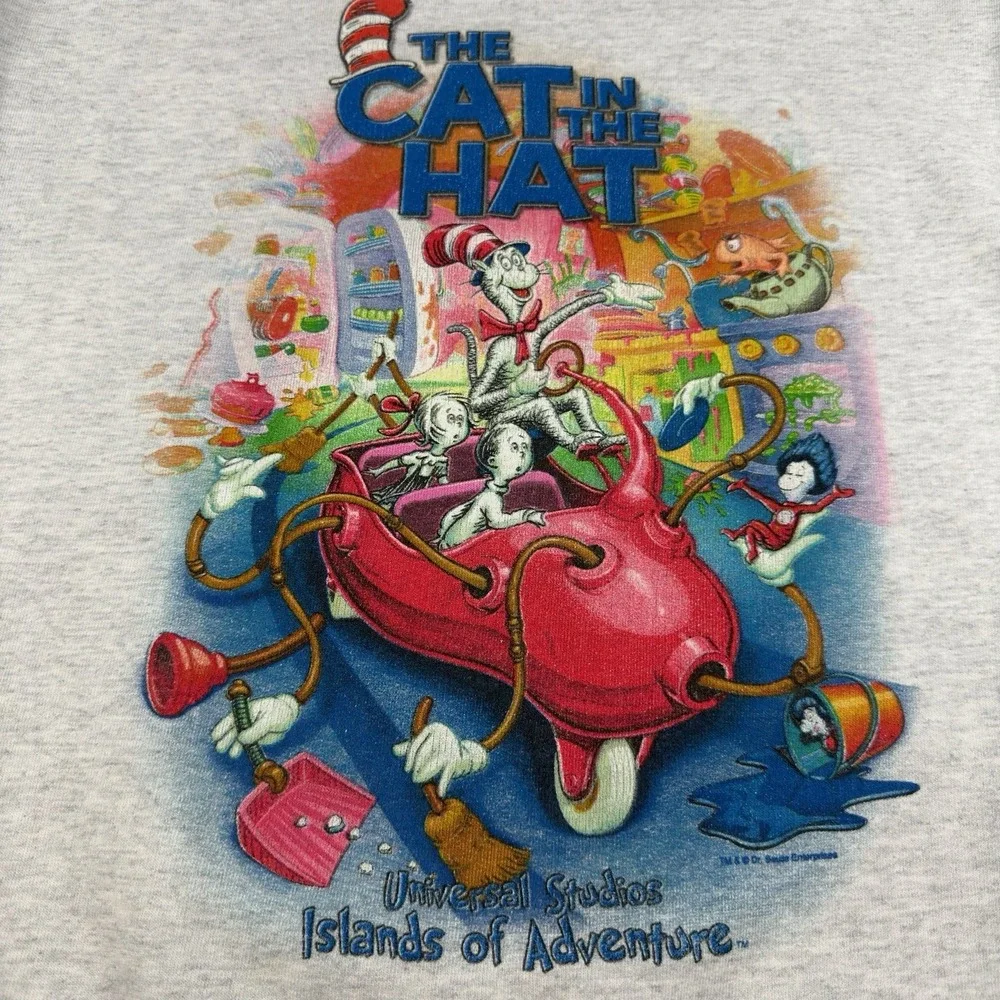 Vintage Cat in the‎ Hat Sweatshirt Unisex M Gray Universal Studios Seuss Landing